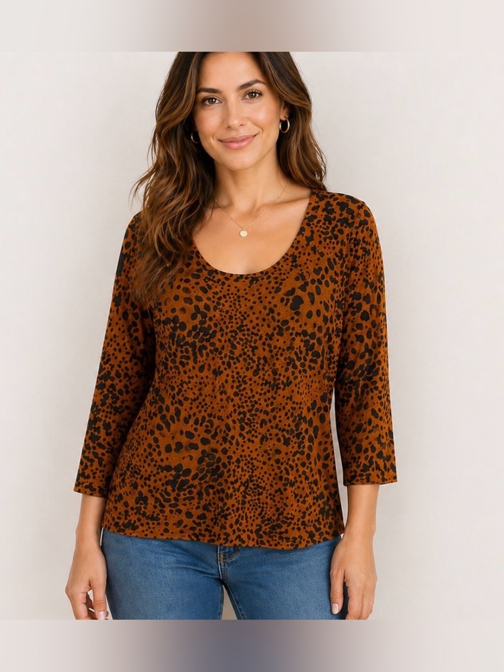 Miraclebody Brown & Black Animal Print Stretch Top Size M 3/4 Sleeve